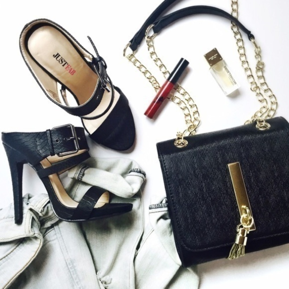 JustFab Black Heeled Buckle Mules
